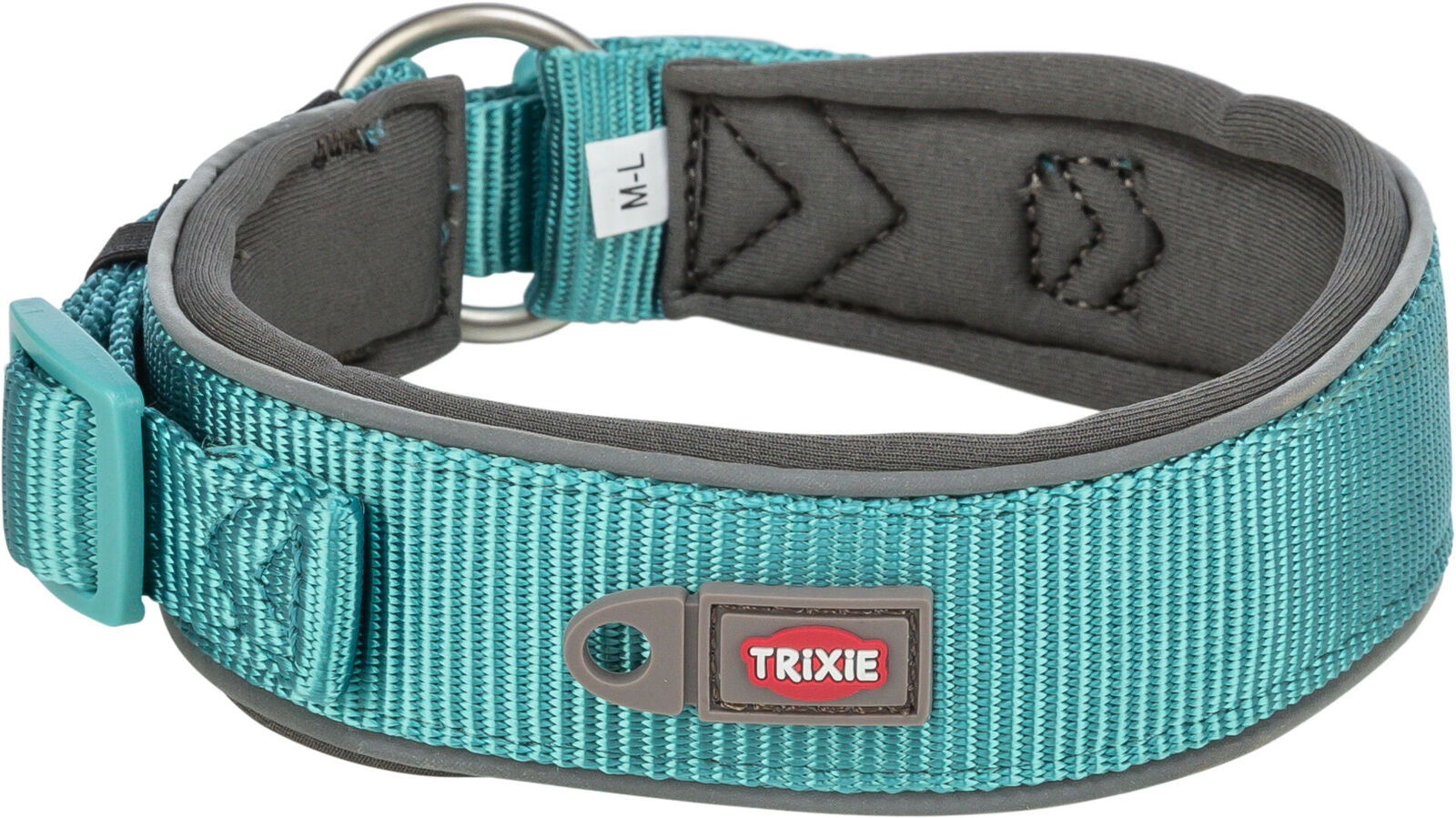 Türkisfarbenes Hundehalsband mit grauen Nähten und einer Schnalle, Größe M-L, Marke "Trixie", Etikett sichtbar.