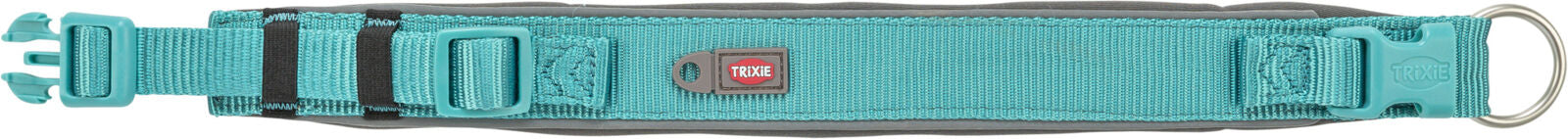 Ein türkisfarbenes Hundehalsband mit Plastikschnalle und Metallring, „TRIXIE“-Logo auf grauem Etikett.