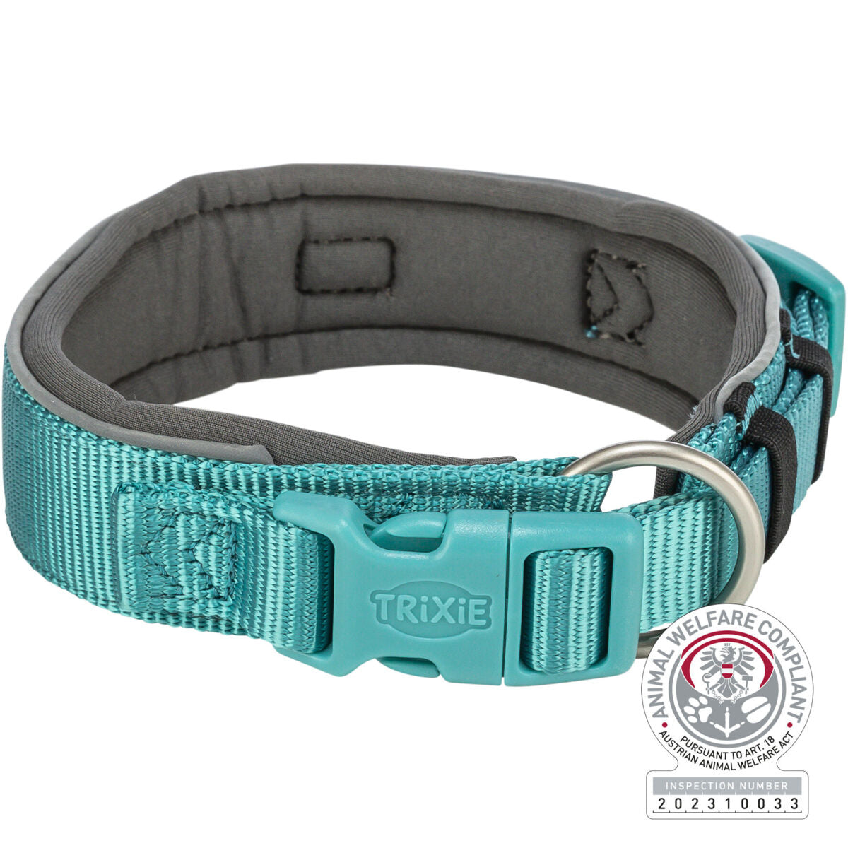 Türkises Hundehalsband mit Klickverschluss, Metallring und grauer Polsterung, Marke "Trixie", mit Zertifizierungssiegel.