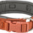 Ein verstellbares, orangefarbenes Hundehalsband mit grauem Innenfutter, Kunststoffschnalle und Metallring.