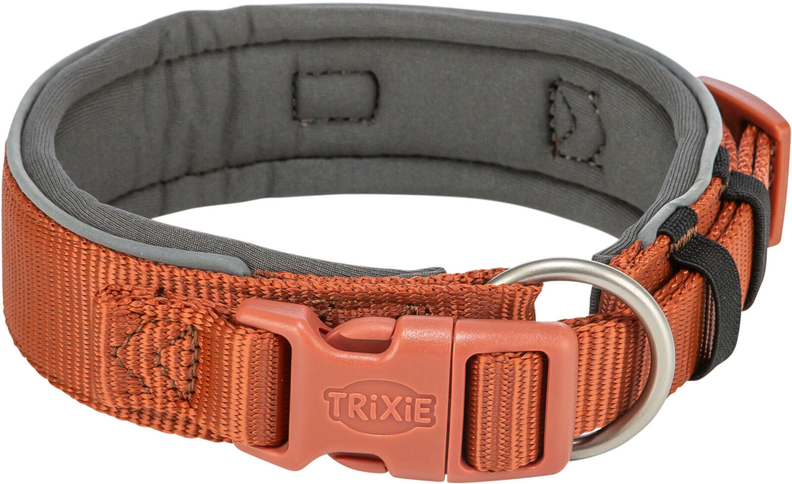 Ein verstellbares, orangefarbenes Hundehalsband mit grauem Innenfutter, Kunststoffschnalle und Metallring.
