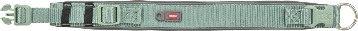Grünes Hundehalsband mit Kunststoffschnalle und Metallring, Markenlogo "TRIXIE" sichtbar, schwarze Akzentbänder.