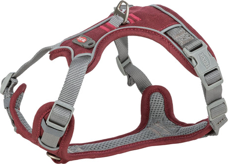 Rotes und graues Hundegeschirr mit verstellbaren Riemen und einem D-Ring aus Metall oben.