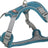 Blaues und graues Hundegeschirr mit verstellbaren Gurten und D-Ring aus Metall.