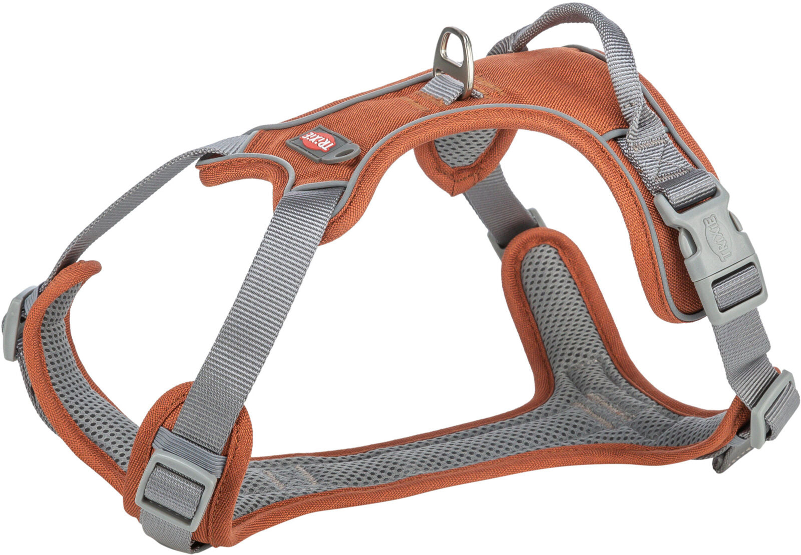 Graues und oranges Hundegeschirr mit verstellbaren Riemen und einem Metallring, gepolstert für Komfort.