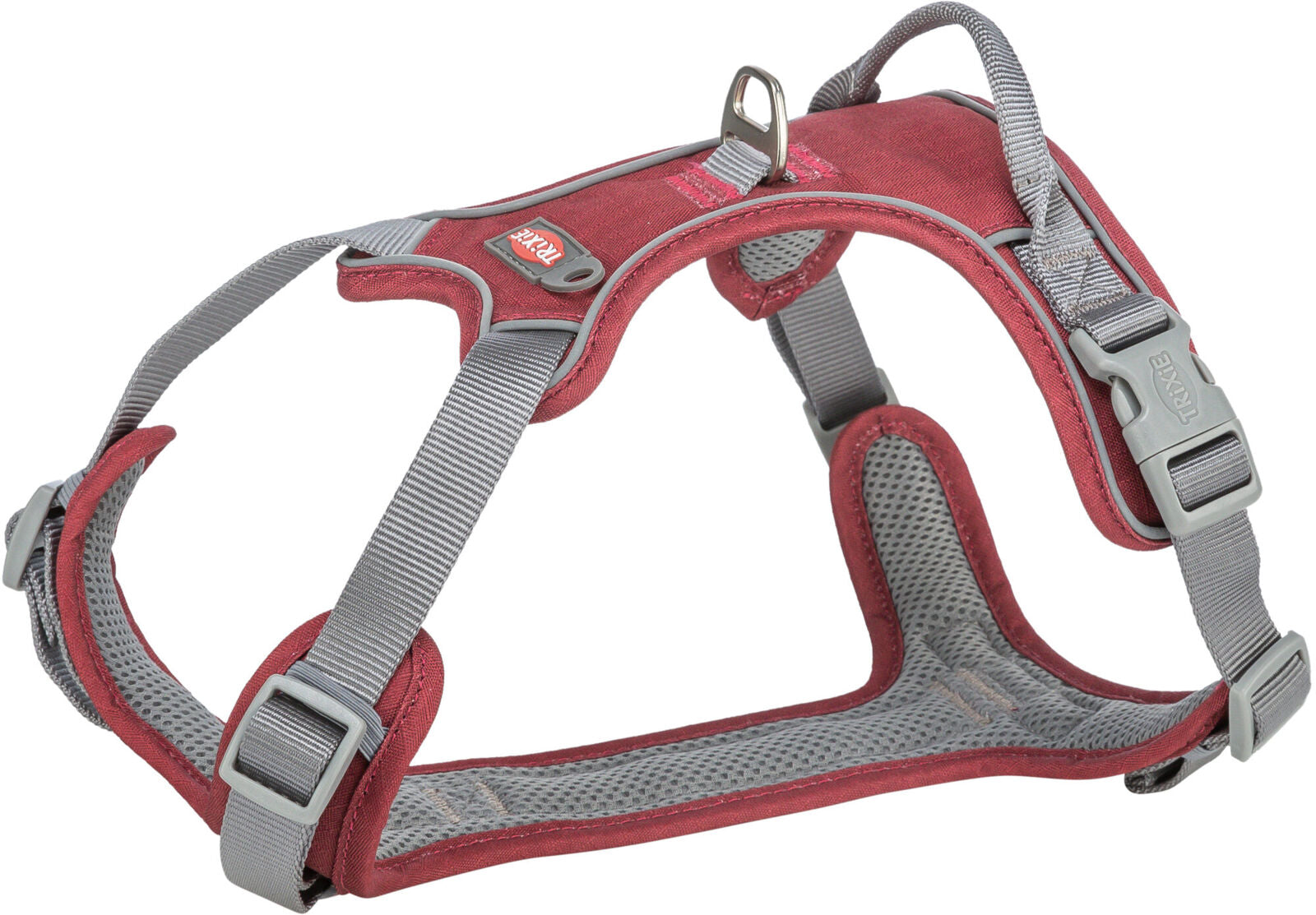 Rotes Hundegeschirr mit grauen Riemen und Schnallen, gepolstert mit Netzstoff, zeigt Metallring oben.