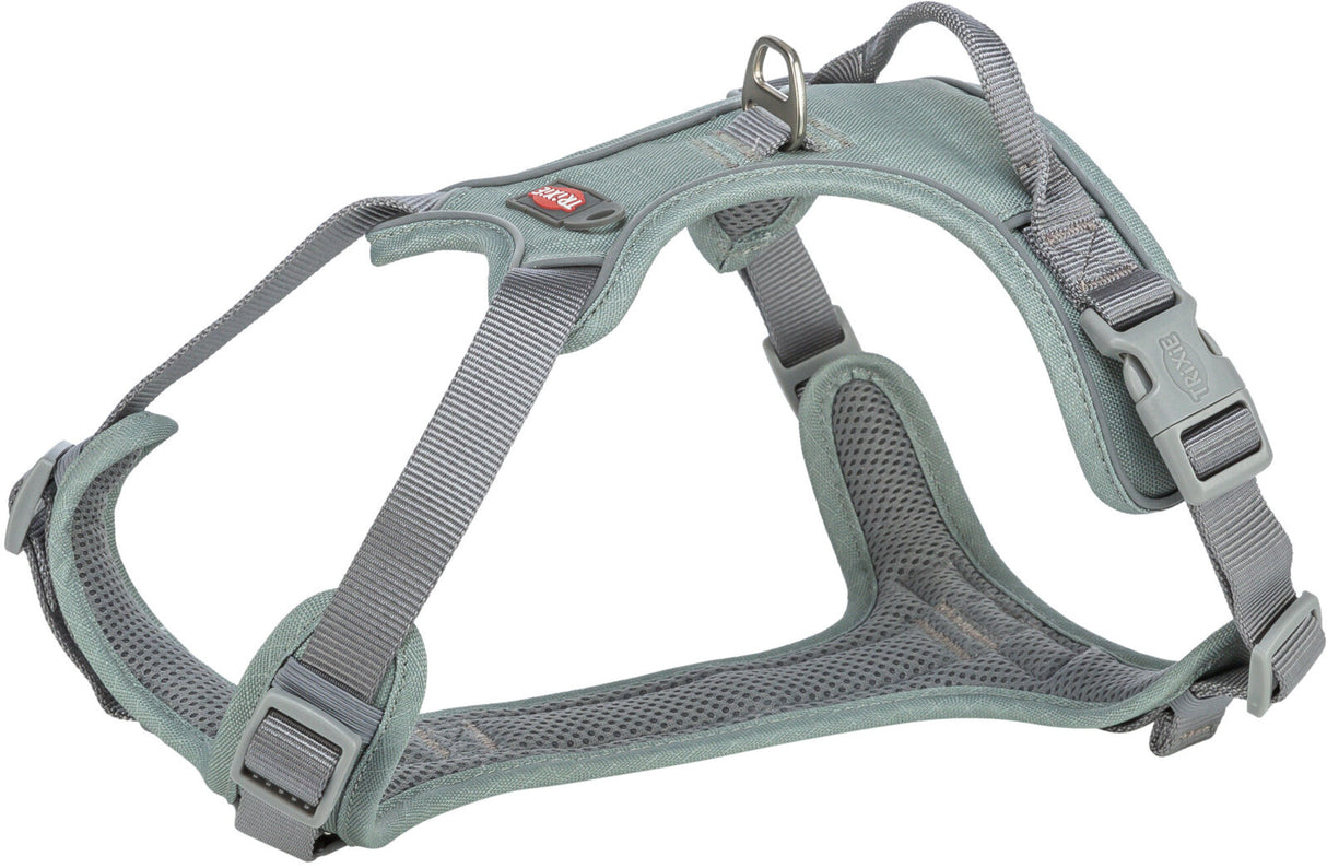 Graues Hundegeschirr mit Netzpolsterung und verstellbaren Riemen aus robustem Material, Metallring oben.