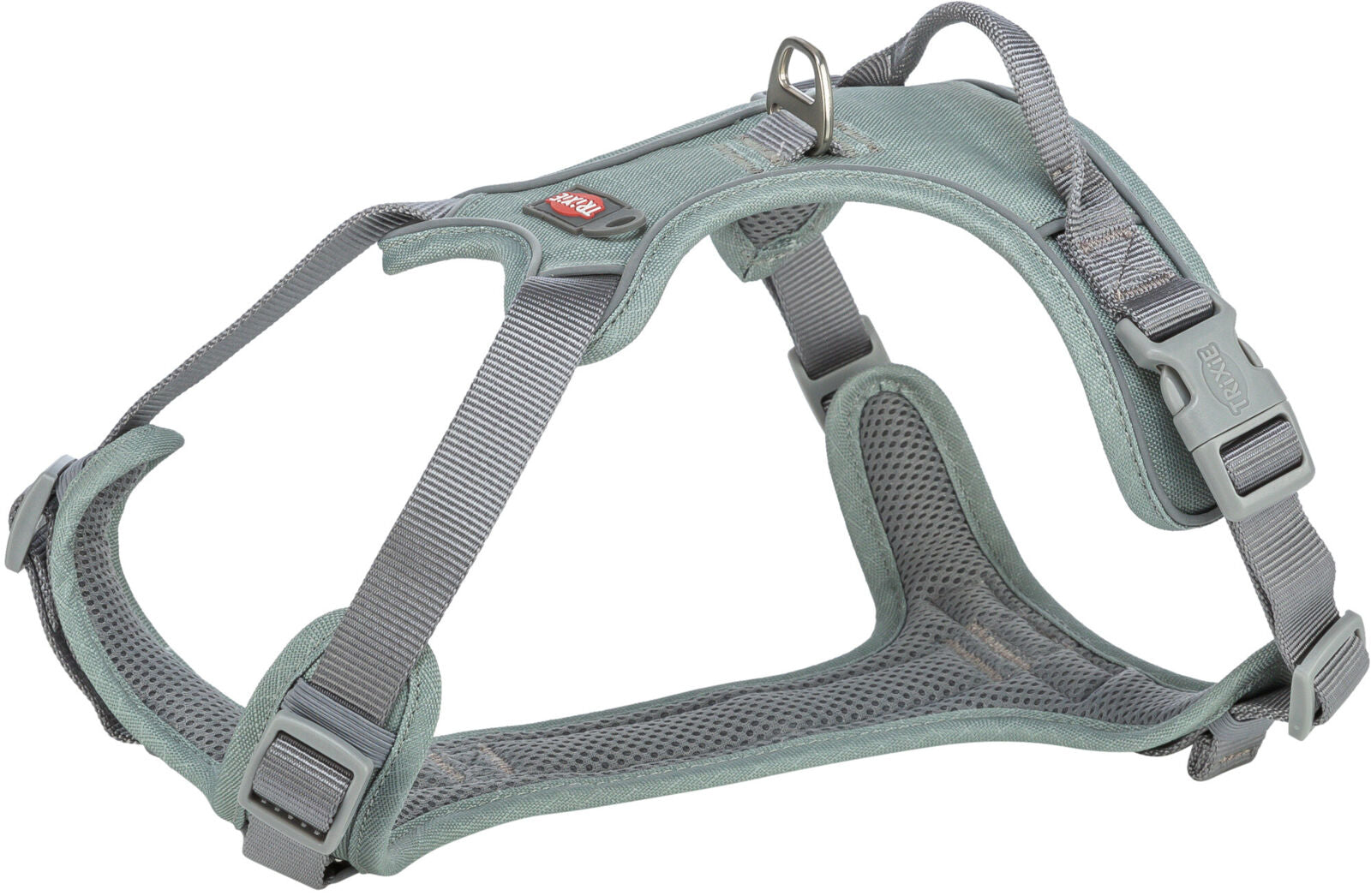 Graues Hundegeschirr mit Netzpolsterung und verstellbaren Riemen aus robustem Material, Metallring oben.