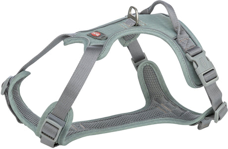 Graues Hundegeschirr mit Netzpolsterung und verstellbaren Riemen aus robustem Material, Metallring oben.