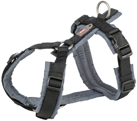 Ein Hundegeschirr aus schwarzem und grauem Material mit verstellbaren Riemen und Metallschlaufen.