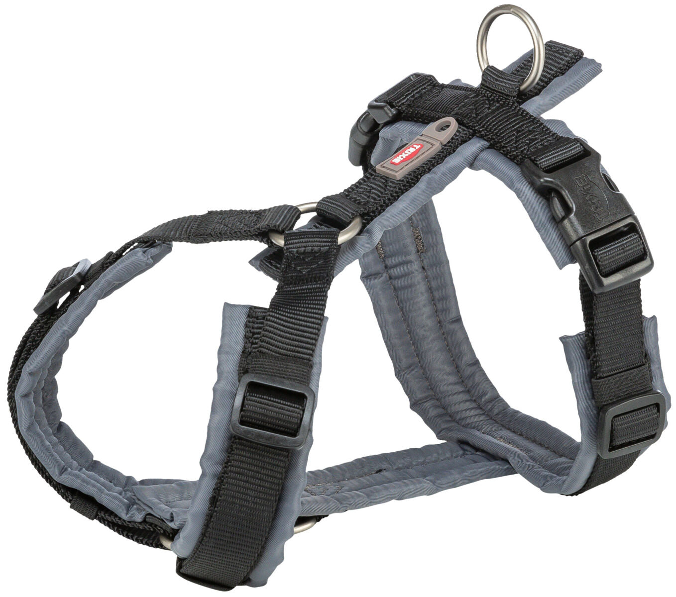 Ein Hundegeschirr aus schwarzem und grauem Material mit verstellbaren Riemen und Metallschlaufen.