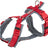 Rotes Hundegeschirr mit grauen Polstern und verstellbaren Gurten, Metallschnallen und Kunststoffverschlüssen.