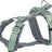 Graues und grünes Hundegeschirr mit verstellbaren Riemen und Befestigungsringen, Seitensicht.