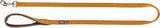 Orange Hundeleine aus Stoff mit silbernem Metallkarabiner und gepolsterter grauer Handschlaufe.