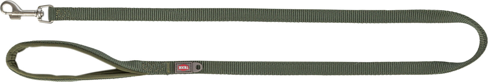 Grüne Hundeleine mit Metallschnalle und Handschlaufe, Textilmaterial, schwarzes Trixie-Label sichtbar.
