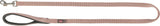 Beige Hundeleine mit schwarzem Griff und silbernem Karabinerhaken, abgebildet auf weißem Hintergrund.