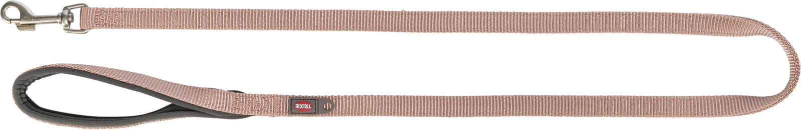 Beige Hundeleine mit schwarzem Griff und silbernem Karabinerhaken, abgebildet auf weißem Hintergrund.