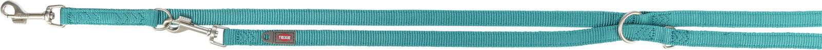 Türkise Hundeleine mit Metallklammer und Trixie-Logo, längenverstellbar, doppelschichtiges Gewebe.