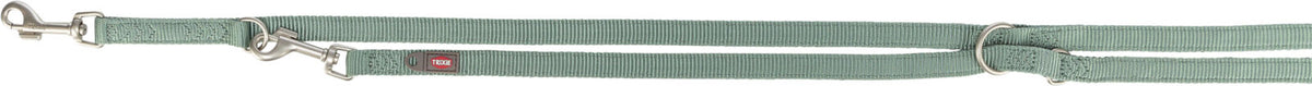 Grüne Hundeleine mit silbernen Karabinern, aus textilem Material, mit kleinem Markenetikett.