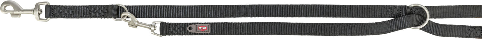 Schwarzes, verstellbares Hundehalsband mit Metallverschlüssen und einem Trixie-Logo auf dem Band.