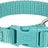 Türkisfarbenes Hundehalsband aus Nylon mit Klickverschluss und Metallring, Aufschrift "Trixie" sichtbar.