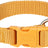 Orangefarbenes Halsband aus festem Material mit Schnalle und Metallring, Aufschrift "Trixie" auf der Schnalle.