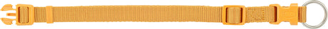 Gelbes verstellbares Halsband mit Kunststoffverschluss und Metallring, TRIXIE-Logo sichtbar, gewebtes Material.