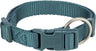 Blaues Hundehalsband aus Nylon mit Schnallenverschluss und Metallring, auf der Schnalle steht "TRIXIE".