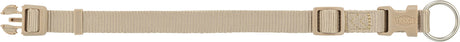 Beiger Hundehalsband mit Klickverschluss, verstellbar, mit rundem Metallring und Markenlogo.