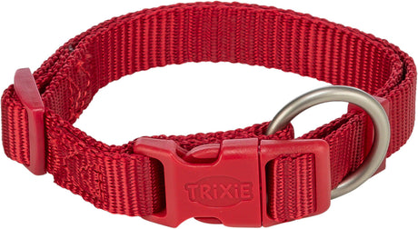 Rotes, verstellbares Halsband mit Klickverschluss und D-Ring aus Metall.