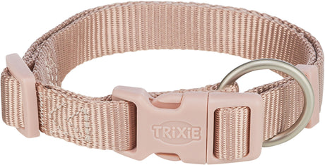 Beiges Hundehalsband aus gewebtem Material mit Klickverschluss und Metallring, Aufschrift "TRIXIE".