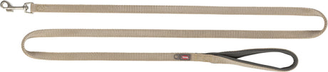 Beige Leine mit Metallschnalle und gepolsterter Handschlaufe, geeignet für die Tierführung.