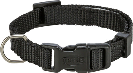 Schwarzes Hundehalsband mit Klickverschluss und Metallschlaufe, verstellbar und aus gewebtem Material.
