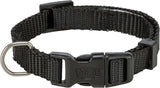 Schwarzes Hundehalsband mit Klickverschluss und Metallschlaufe, verstellbar und aus gewebtem Material.