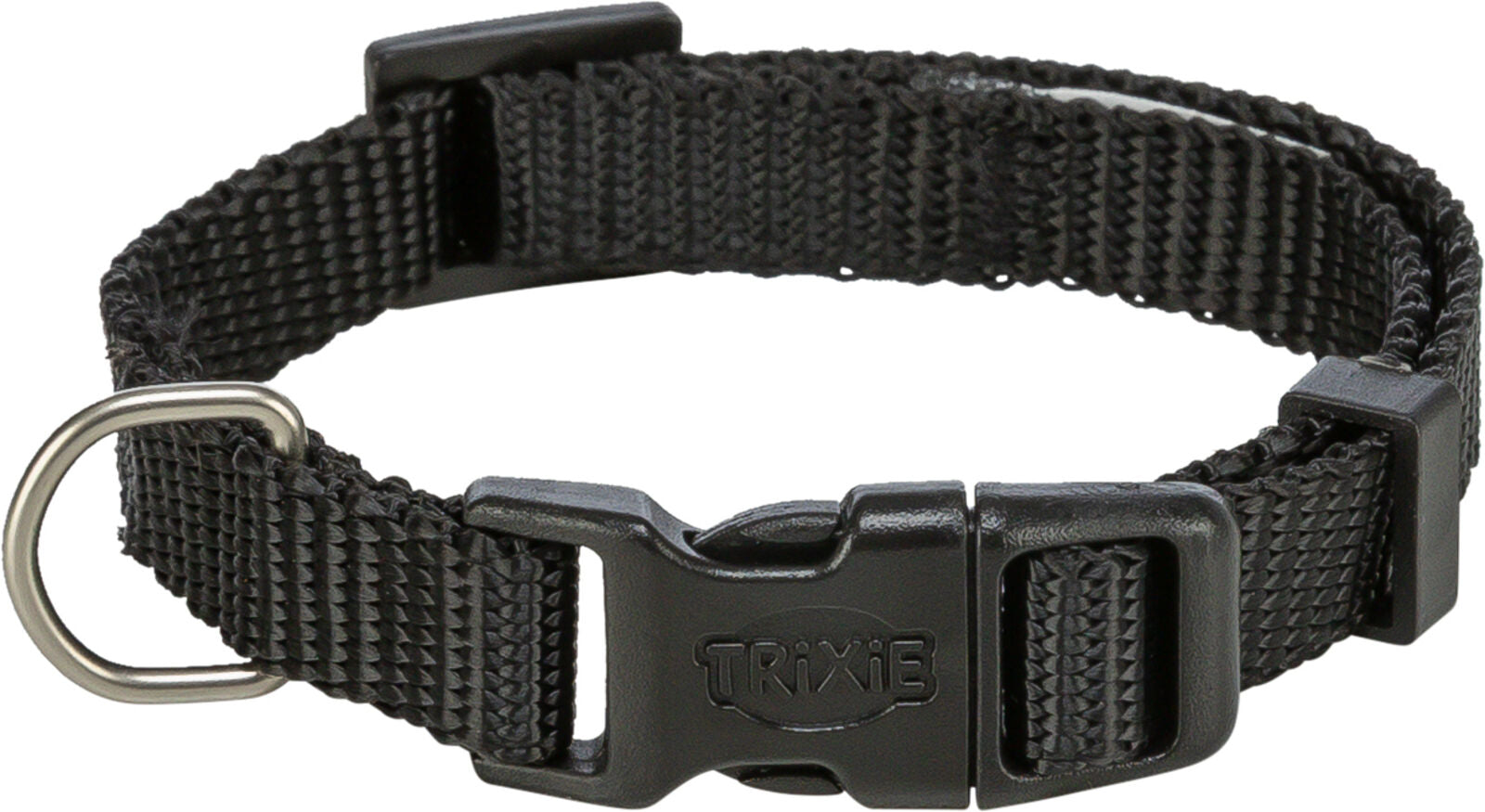 Schwarzes Hundehalsband mit Klickverschluss und Metallschlaufe, verstellbar und aus gewebtem Material.