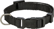 Schwarzes Hundehalsband mit Klickverschluss und Metallschlaufe, verstellbar und aus gewebtem Material.