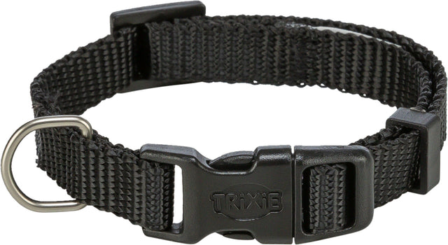 Schwarzes Hundehalsband mit Klickverschluss und Metallschlaufe, verstellbar und aus gewebtem Material.