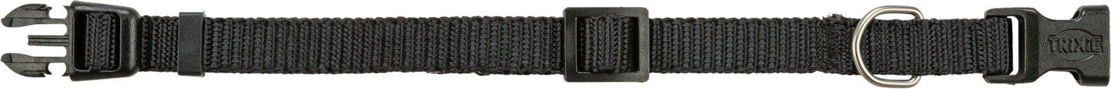 Schwarzes, verstellbares Nylon-Halsband mit Kunststoffschnalle und einem Metall-D-Ring, horizontal ausgerichtet.