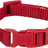 Rotes Halsband mit Steckverschluss und Metallring, auf dem Verschluss steht der Schriftzug "TRIXIE".