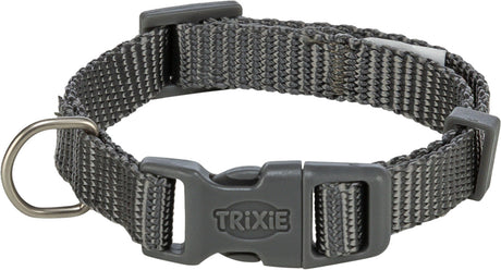 Grauer, verstellbarer Hundehalsband aus Textil mit Schnalle und Ring, Markenname auf der Schnalle sichtbar.