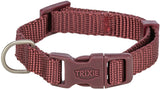 Rotes Hundehalsband aus robustem Material mit Plastikschnalle und Metallring; Markenlogo "Trixie" sichtbar.