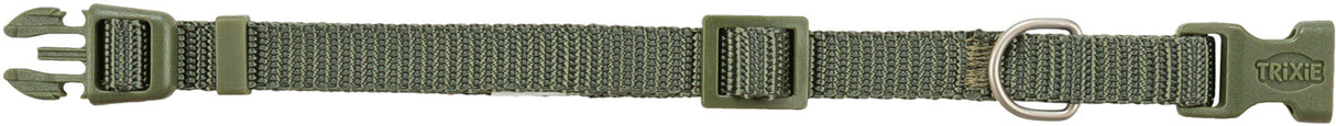 Grünes einstellbares Nylon-Halsband mit Klickverschluss und Metallring.