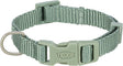Graues, verstellbares Hundehalsband aus gewebtem Material mit Schnalle, D-Ring und dem Aufdruck "Trixie".