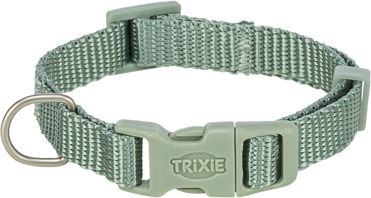 Graues, verstellbares Hundehalsband aus gewebtem Material mit Schnalle, D-Ring und dem Aufdruck "Trixie".