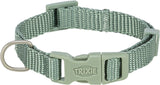 Graues, verstellbares Hundehalsband aus gewebtem Material mit Schnalle, D-Ring und dem Aufdruck "Trixie".
