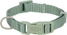 Graues, verstellbares Hundehalsband aus gewebtem Material mit Schnalle, D-Ring und dem Aufdruck "Trixie".