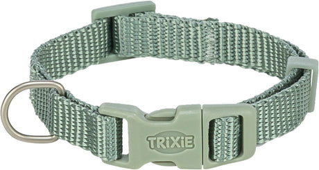Graues, verstellbares Hundehalsband aus gewebtem Material mit Schnalle, D-Ring und dem Aufdruck "Trixie".