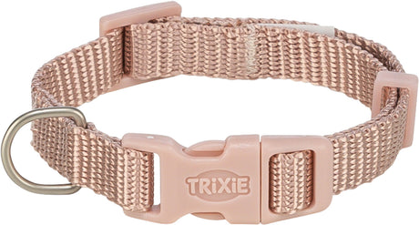 Der beige Hundehalsband hat eine verstellbare Schnalle, Kunststoffverschluss und einen Metallring.