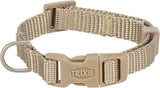 Beige Hundehalsband mit verstellbarem Verschluss und Metallring, erkennbar mit der Aufschrift "Trixie".