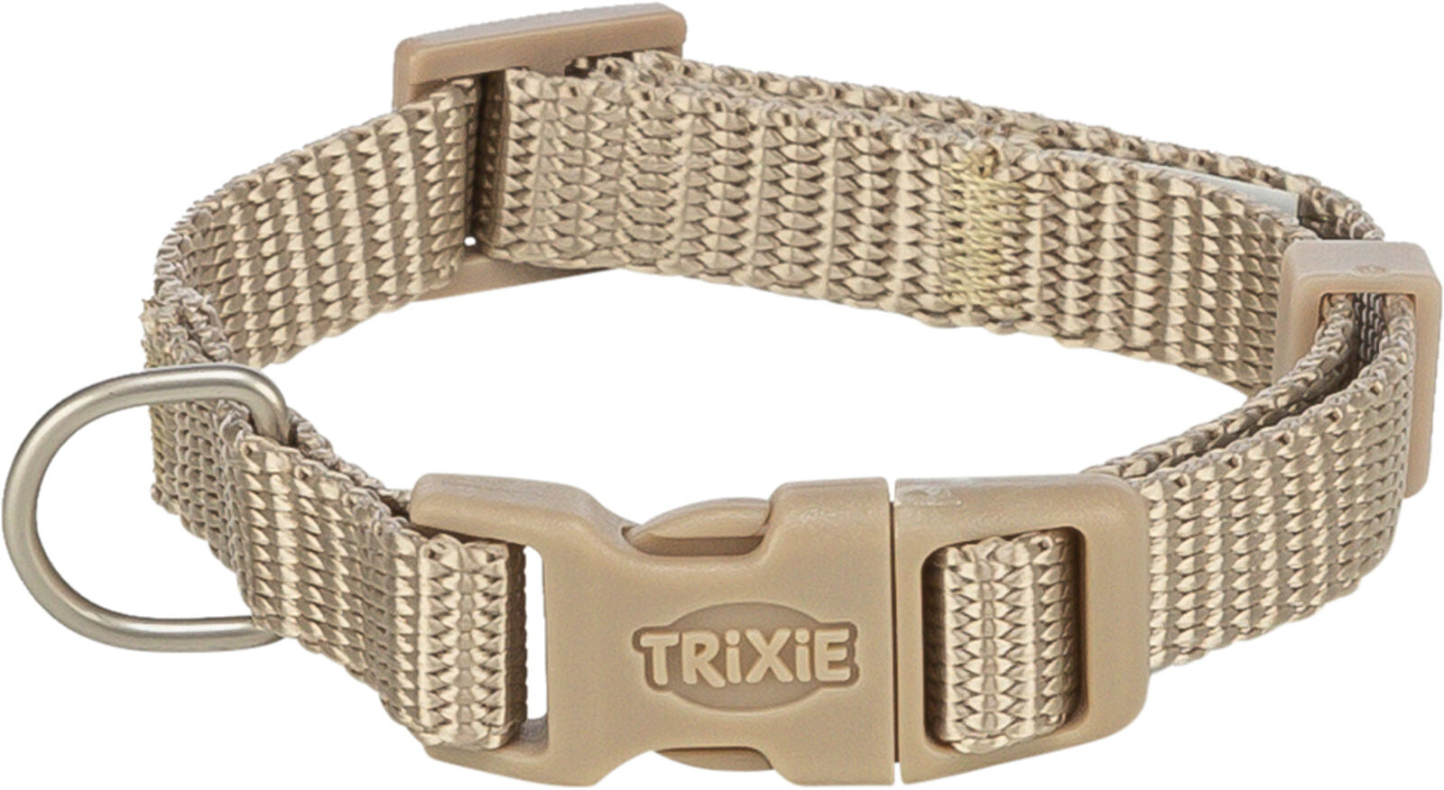 Beige Hundehalsband mit verstellbarem Verschluss und Metallring, erkennbar mit der Aufschrift "Trixie".